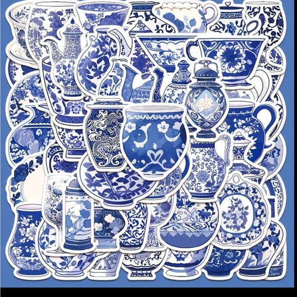 Other - Set of 50 Beautiful Blue Porcelain Stickers Vases Plates Pitchers